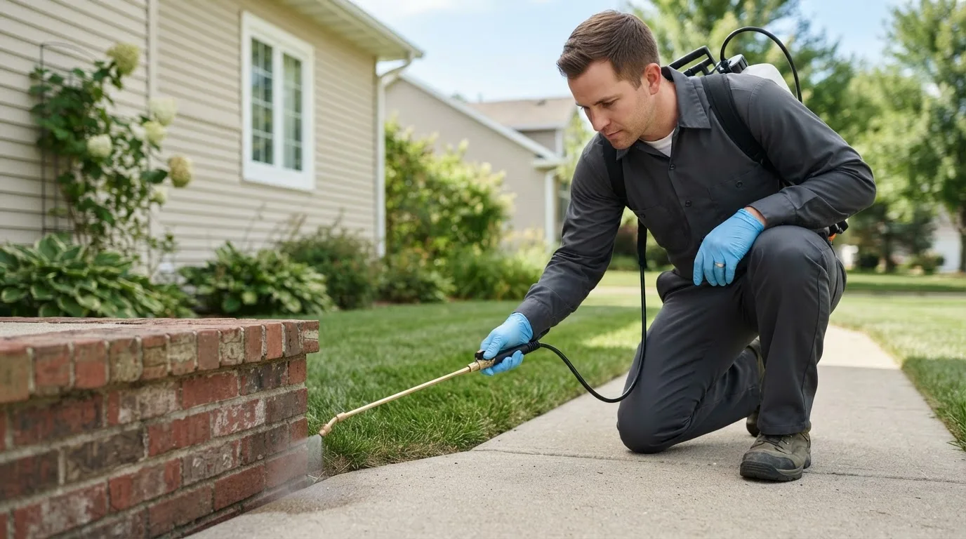 Pest control technician treating a home near Laporte, CO